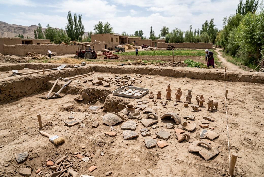 Yotkan site archaeological field with pottery shards and terracotta figures near a farm Hotan