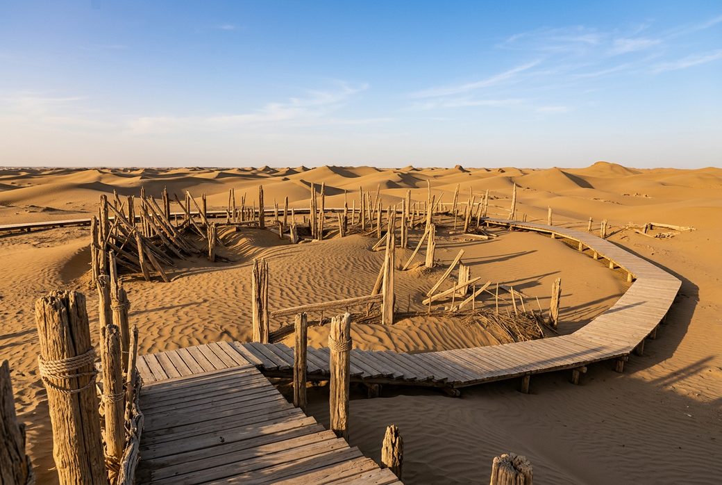 Dandan Oilik ruins wooden posts and sand dunes reclaiming a Buddhist settlement Taklamakan Desert