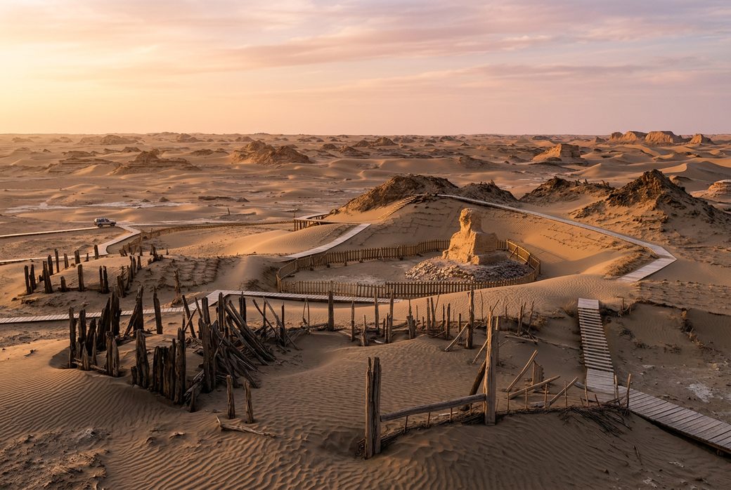 Niya ruins ancient wooden house posts and a stupa on the edge of the Taklamakan desert sunrise