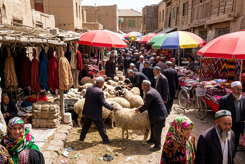 Hotan Sunday bazaar crowded market with sheep traders and fabric stalls under bright sun Xinjiang