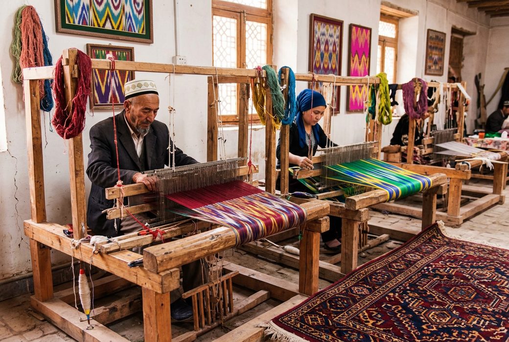 Hotan silk weaving workshop atlas silk on a loom with colorful threads and hand-knotted carpet