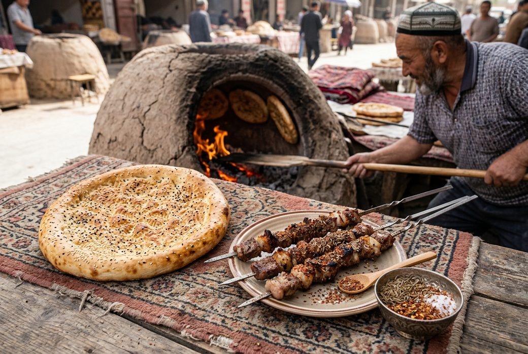Hotan naan round flatbread baked in clay oven beside grilled lamb skewers with cumin Xinjiang