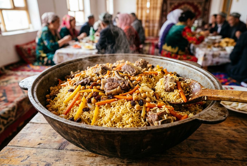 Polo pilaf in a large pot rice lamb carrots and raisins Xinjiang festive dish