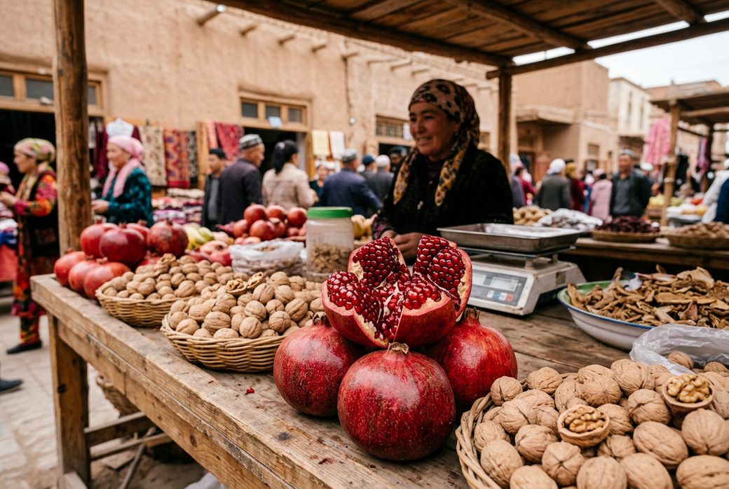 Pomegranates and thin-shelled walnuts at a Hotan fruit stall red fruit split open autumn