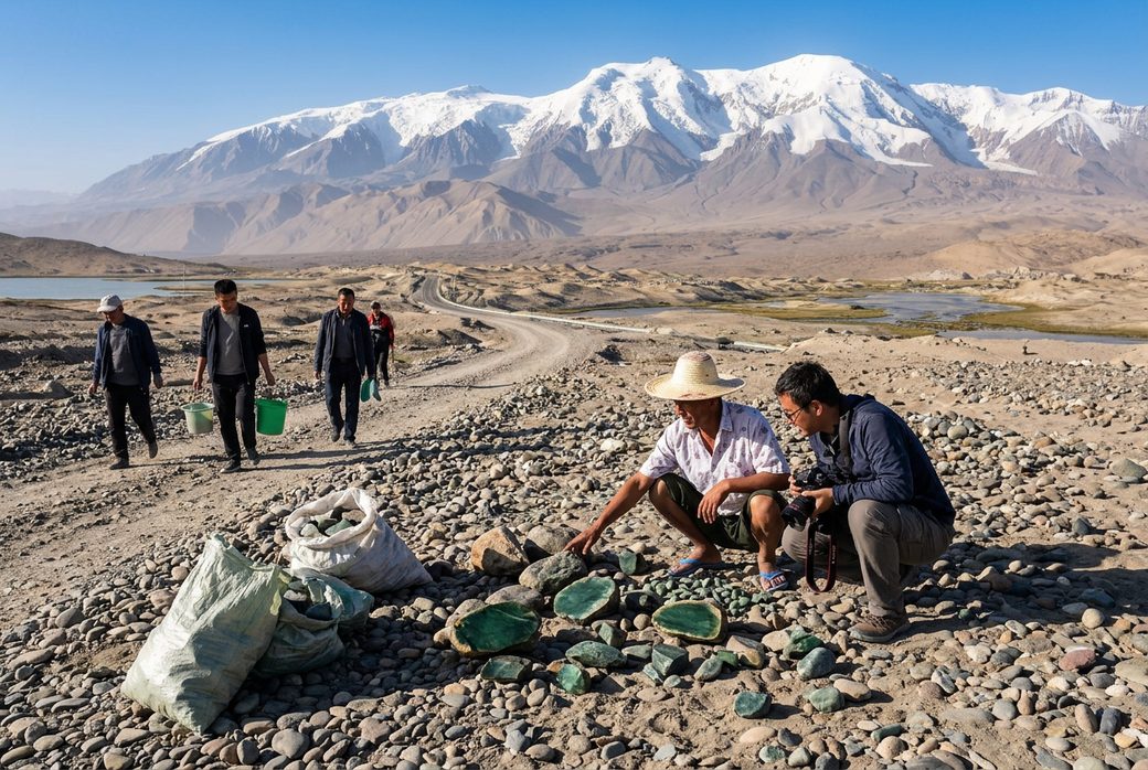 Guide and visitors walking a dry river bed collecting jade pebbles Hotan Kunlun mountains backdrop