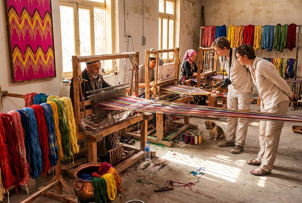 Visitors watching silk dyeing and weaving at a family workshop Hotan colorful skeins
