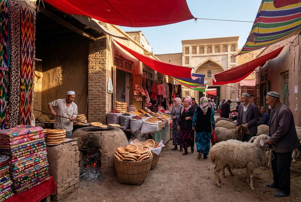 Early morning Hotan bazaar visitors among stalls bread bakers and sheep Xinjiang