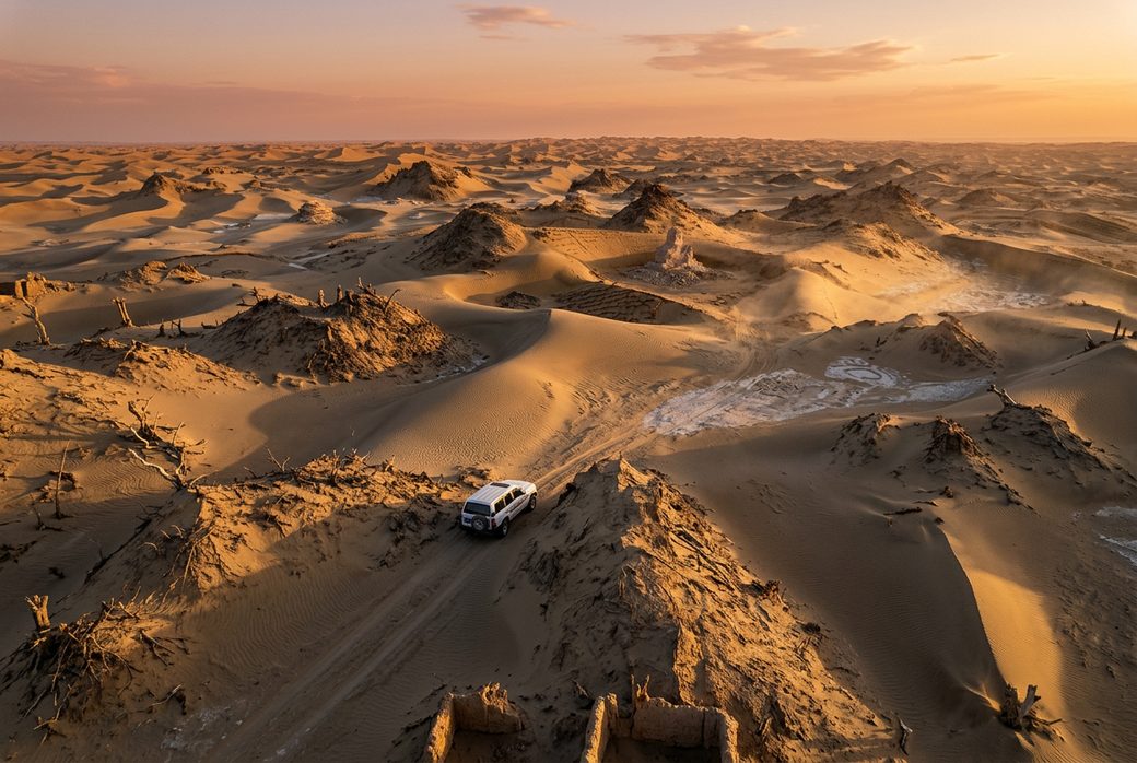 4WD off road vehicle crossing Taklamakan dunes toward a ruin at sunrise Hotan