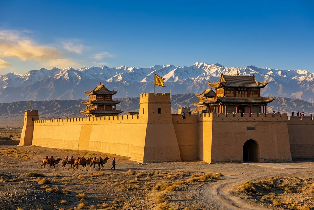 Jiayu Pass fortress gate tower and double ring of walls Ming Dynasty golden light desert backdrop visitors on walls Gansu
