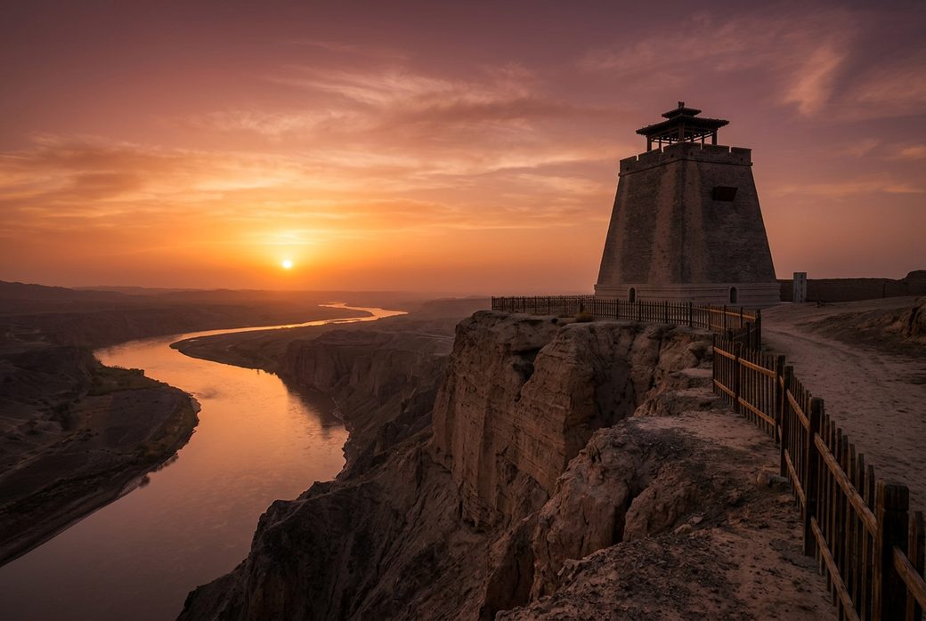 First Beacon Tower lone Ming beacon on a cliff above Taolai river gorge at sunset Jiayuguan