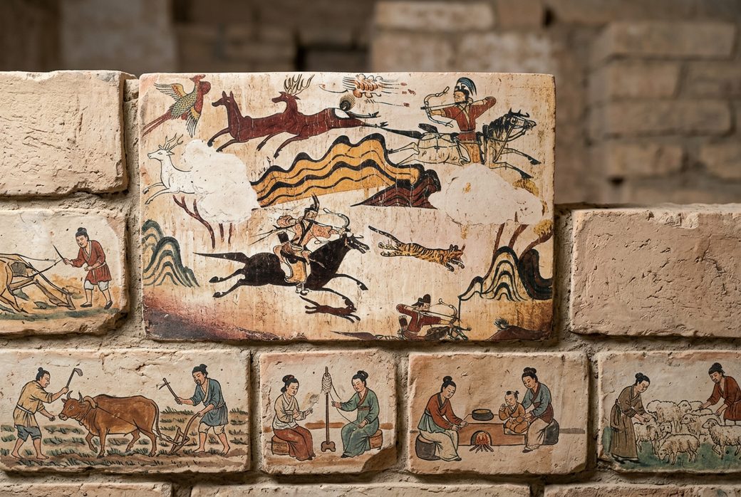 Wei-Jin painted brick tomb interior small painted bricks showing farming and hunting scenes Jiayuguan Gansu