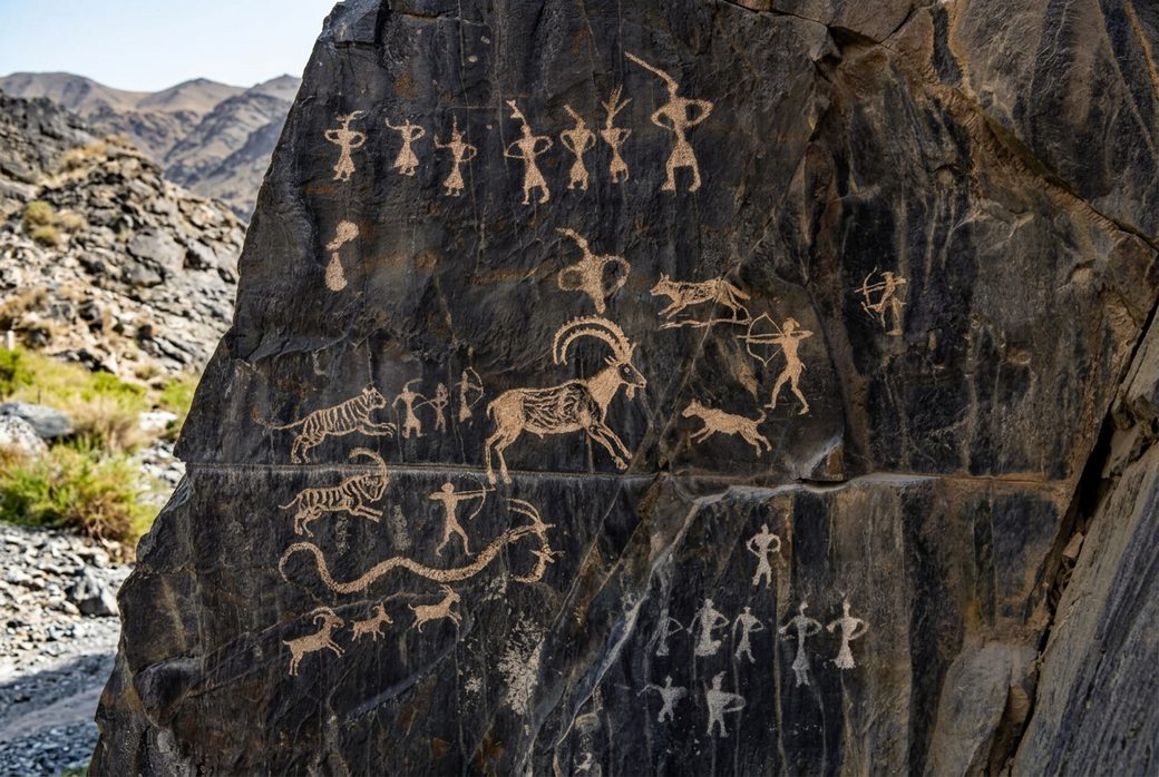 Heishan rock art carved animal and hunting figures on dark rock face Black Mountains Jiayuguan