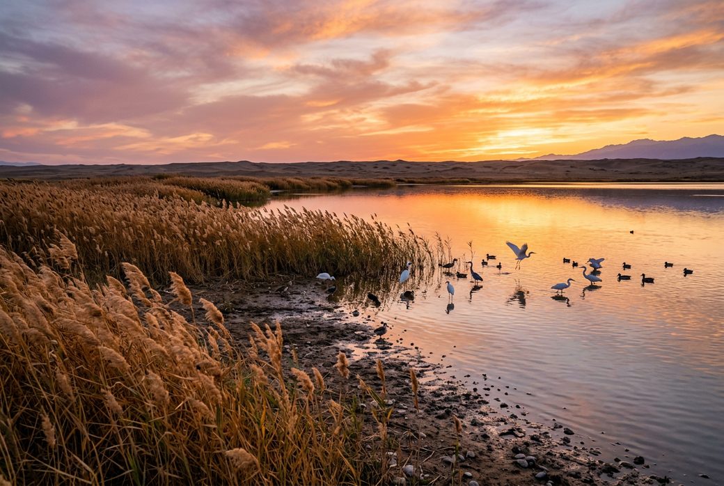 Heishan Lake reeds and calm water at sunset edge of Gobi desert near Jiayuguan waterbirds