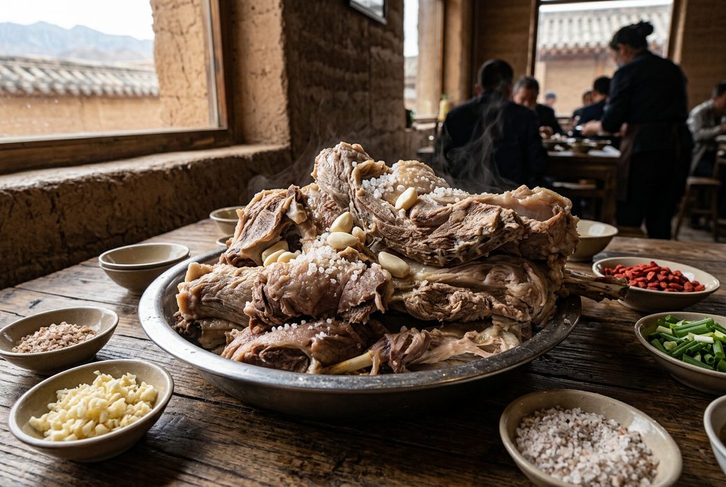 Hexi hand-grabbed lamb on the bone on a metal platter with garlic and salt Gansu corridor rustic restaurant