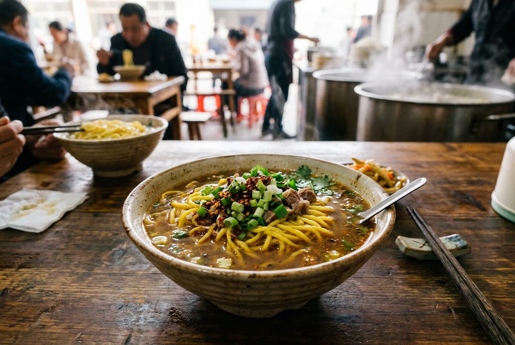 Yellow noodles in lamb broth with chili and scallions in a ceramic bowl Jiayuguan Jiuquan breakfast