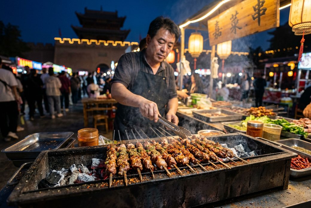 Roast lamb skewers on a charcoal grill with cumin chili night stall Jiayuguan