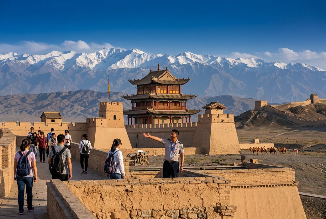 Visitors walking along the fortress wall of Jiayu Pass with a guide pointing to the gate tower Gobi beyond