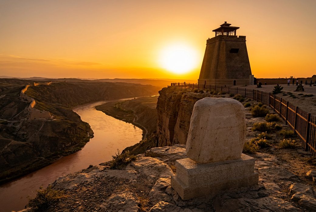 First Beacon Tower at sunset silhouette cliff edge river gorge warm light Jiayuguan