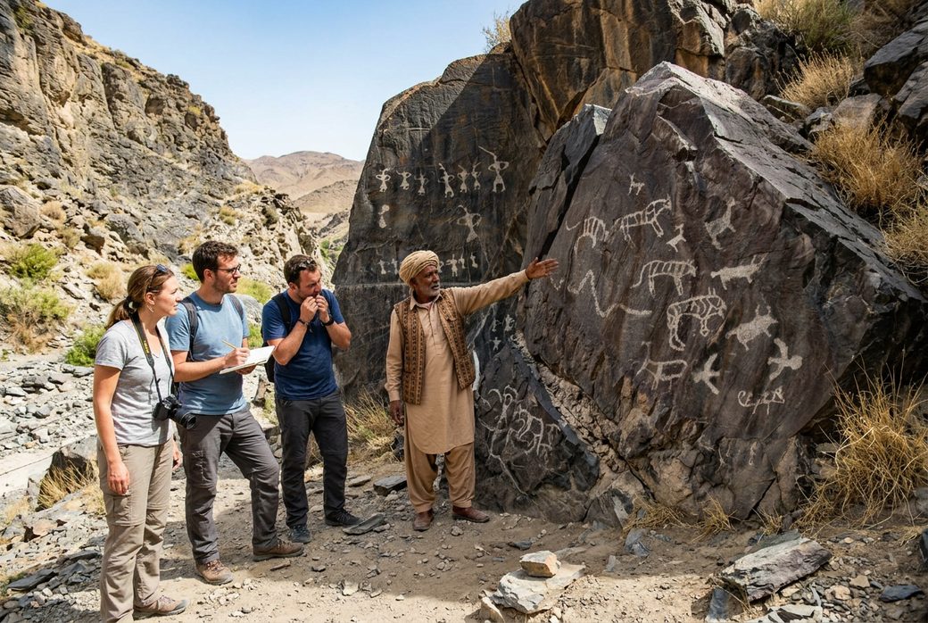 Guide and small group studying Heishan rock carvings in the Black Mountains desert hills
