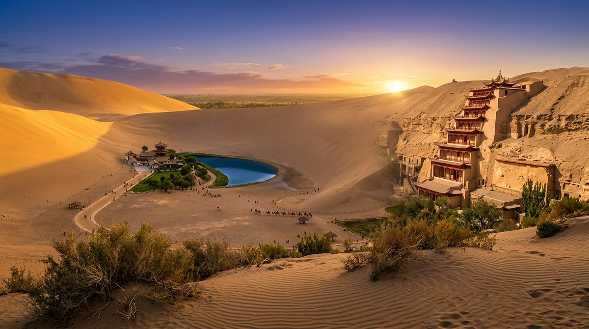 Jiuquan Dunhuang Gobi desert Silk Road panorama golden dunes beyond a distant oasis at sunset vast frontier landscape Gansu