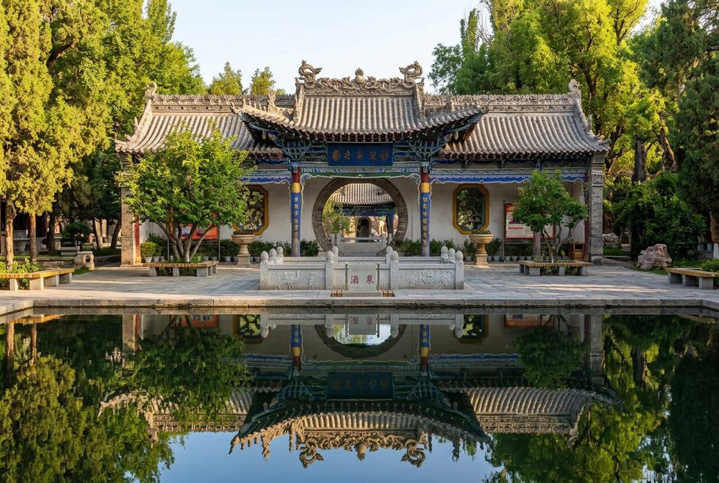 Jiuquan spring park ancient pavilion Han Dynasty style lush trees reflecting pond Hexi Corridor oasis morning calm