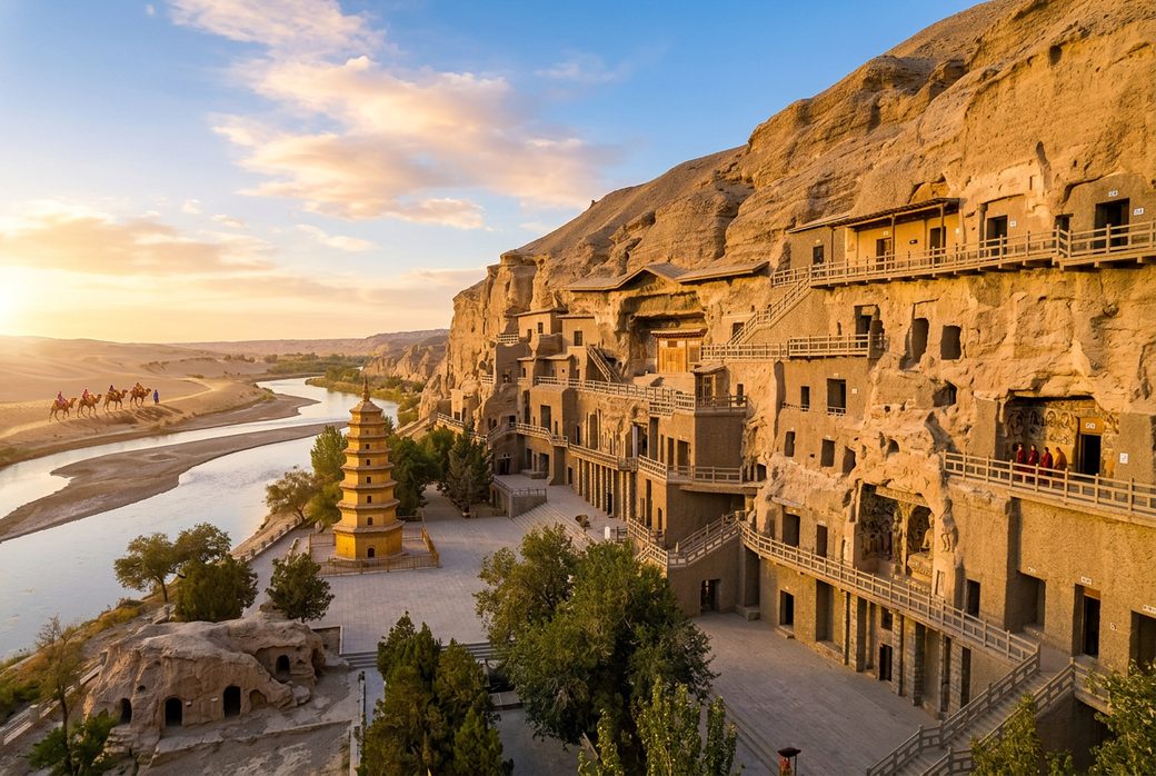 Mogao Caves Dunhuang cliff face with hundreds of cave openings and wooden walkways above a river valley golden light Silk Road Buddhist art