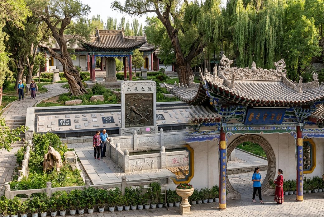 Jiuquan Park Western Han spring traditional pavilion stone tablet visitors strolling oasis garden Huo Qubing legend Gansu