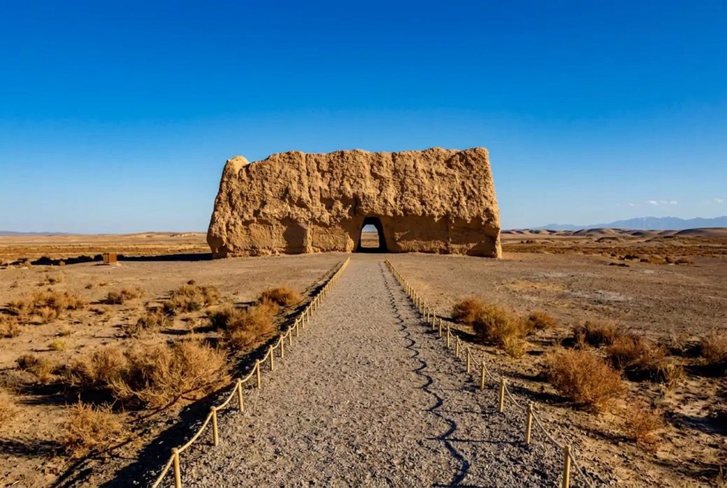 Yumen Pass ancient Han Dynasty fort ruins rammed earth walls standing alone in Gobi desert clear sky Silk Road frontier