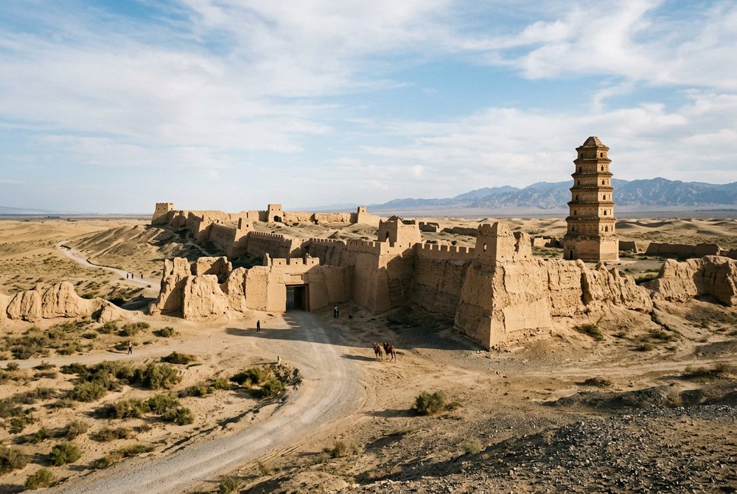 Suoyang City ruins Tang Dynasty tall earth city walls and pagoda in desert landscape Guazhou Gansu ancient frontier city