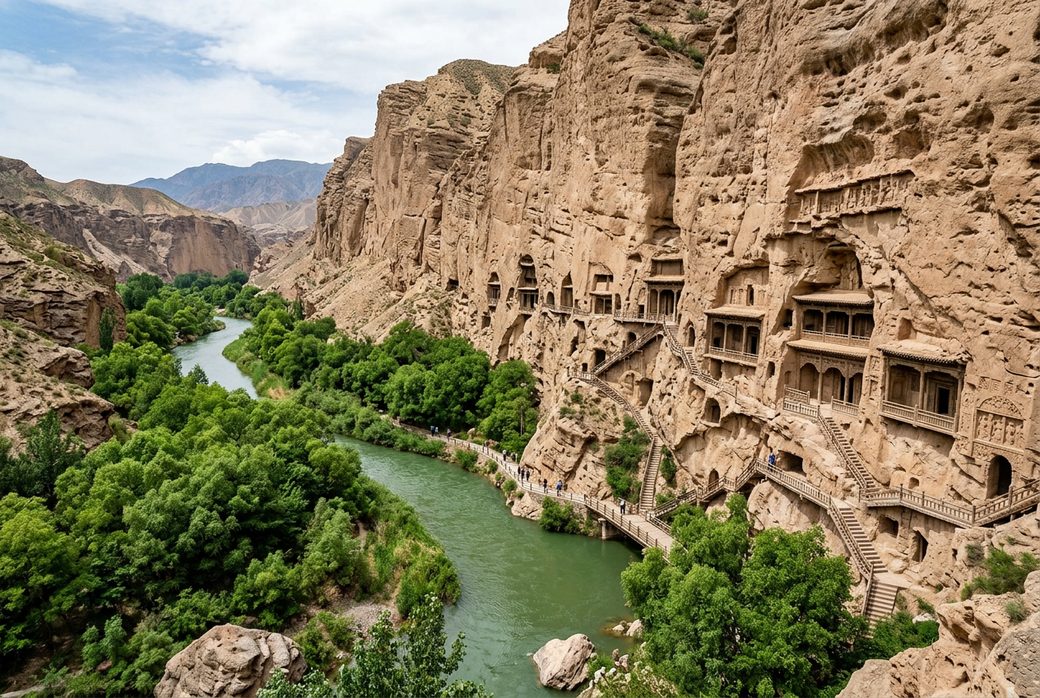 Yulin Caves canyon Anxi river valley green trees cave temple entrances carved into cliff Gansu Buddhist heritage