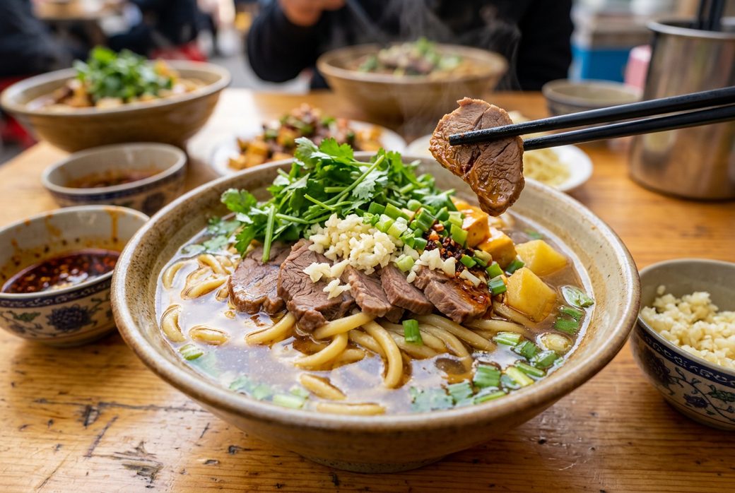 Dunhuang donkey meat yellow noodles bowl alkaline noodles sliced braised donkey meat clear broth Gansu street food
