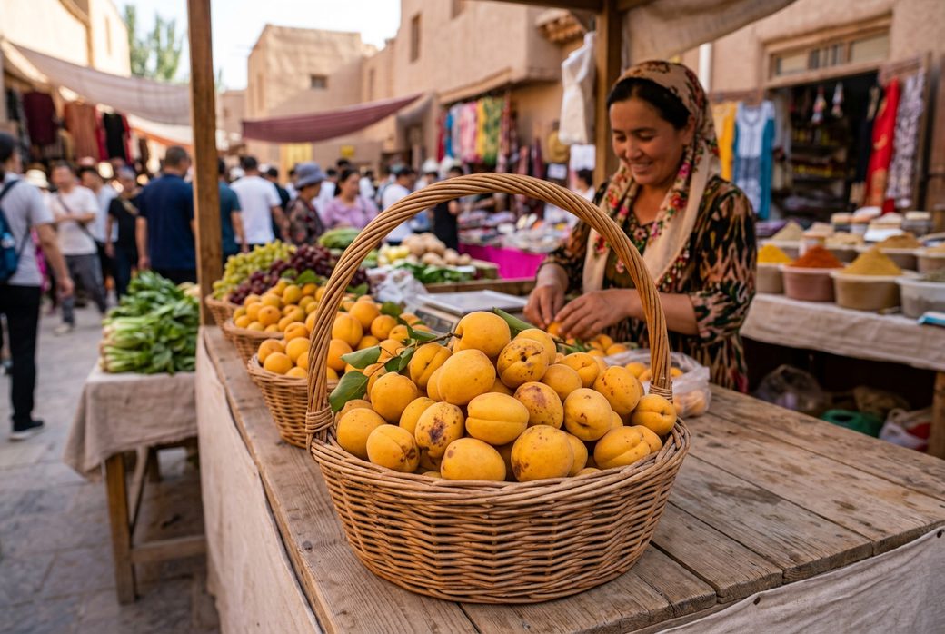Li Guang apricots Dunhuang ripe golden apricots in a basket market stall Gansu summer fruit