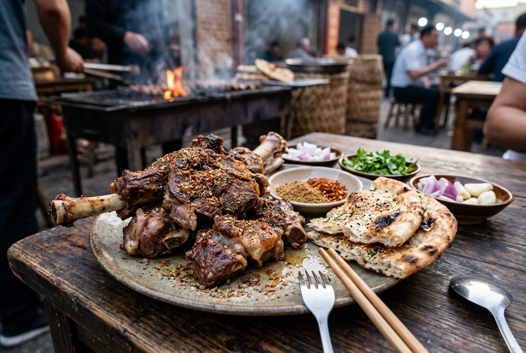 Hexi roast lamb on the bone served with flatbread cumin chili Gansu Silk Road barbecue