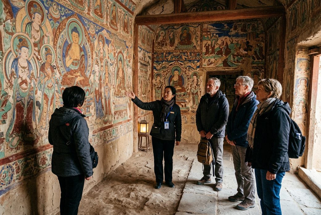 Mogao Caves interior colorful Buddhist mural guide explaining to small group of visitors dim light Dunhuang