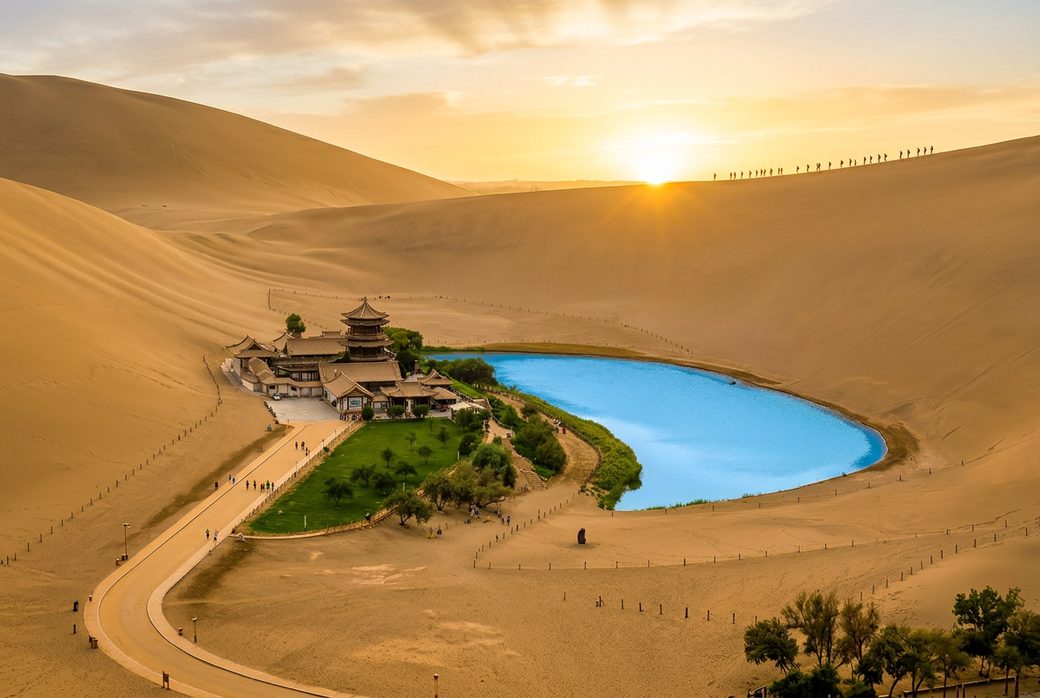 Mingsha Dunes sunrise walkers on dune ridge overlooking Crescent Lake golden light Dunhuang