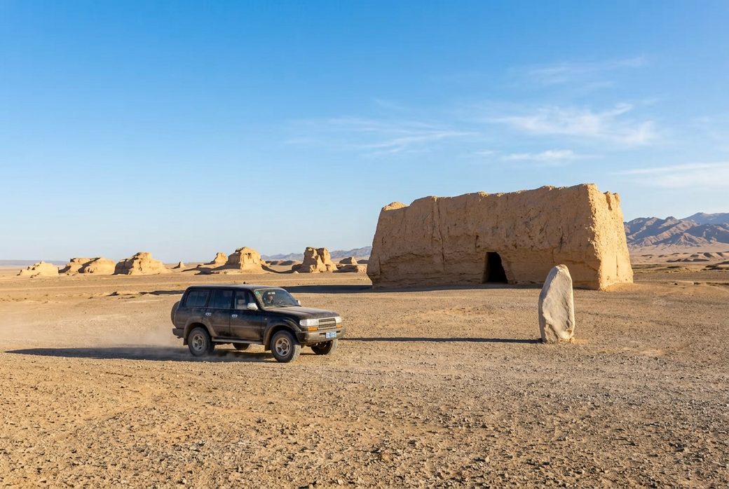 Gobi desert drive Yumen Pass off road vehicle on gravel plain with yardang formations and Han beacon tower