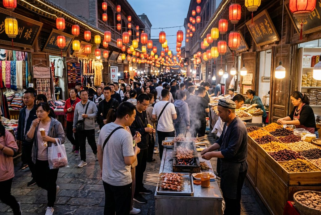 Dunhuang night market street lanterns food stalls lamb skewers dried fruits visitors evening lively