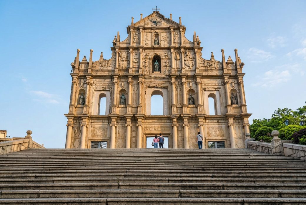 Ruins of St Paul's Macau morning light golden Portuguese stone facade historical solemn atmosphere iconic heritage