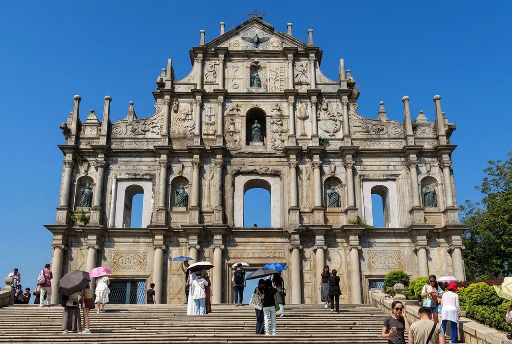 Ruins of St Paul's Macau full front view Portuguese Baroque church ruins elaborate stone carvings UNESCO World Heritage landmark