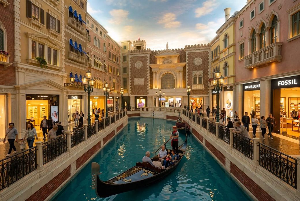 Venetian Macao Grand Canal Shoppes indoor blue sky ceiling gondolier singing European architecture Oriental Las Vegas luxury