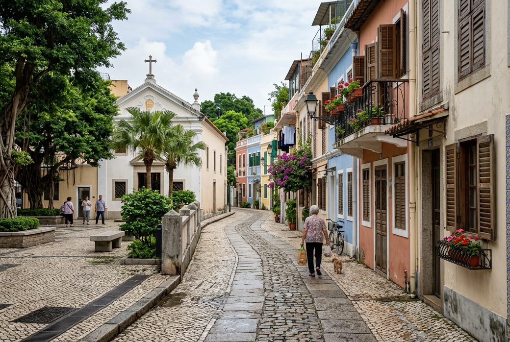 Coloane Old Village Macau Portuguese colorful buildings stone pavement quiet leisurely Macau's last Portuguese small town