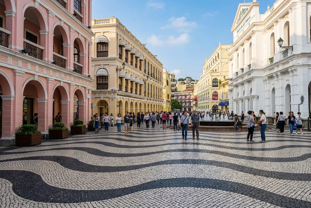Senado Square Macau black white wave pattern Portuguese stone pavement colonial buildings surrounding European atmosphere