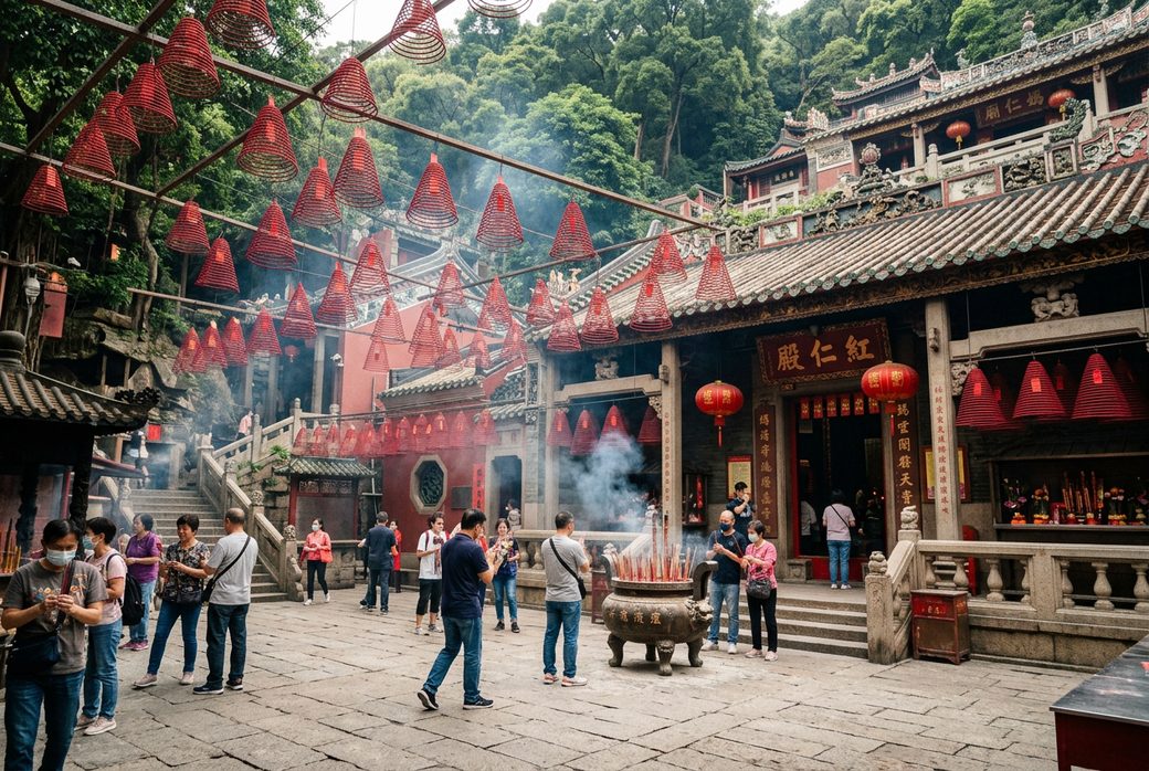 A-Ma Temple Macau ancient temple built against hill incense smoke worshippers praying Macau's oldest origin of name