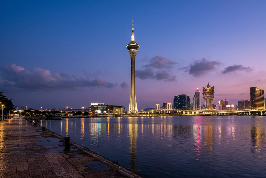 Macau Tower full view 338 meter tower overlooking panorama SkyWalk skydiving thrilling height extreme sports city landmark