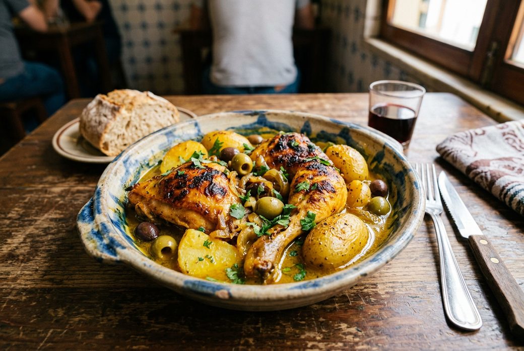 Macau Portuguese chicken elegant plating chicken potato olive turmeric coconut milk sauce golden Portuguese Indian fusion traditional
