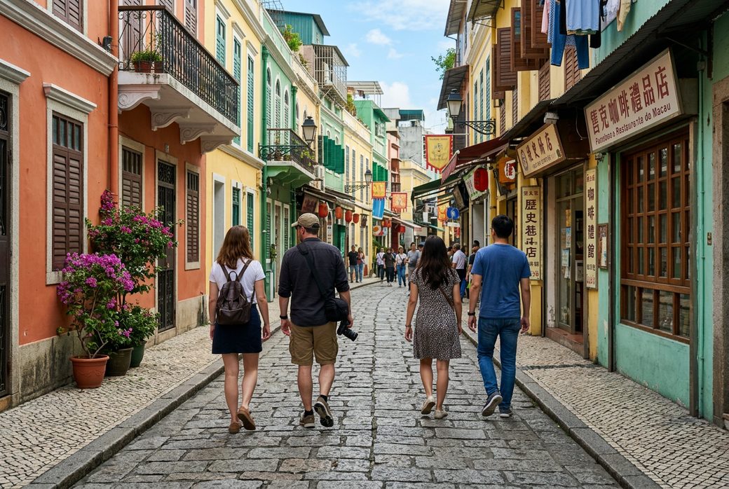 Macau Historic Centre UNESCO World Heritage walk visitors Portuguese streets colorful buildings stone pavement East West fusion