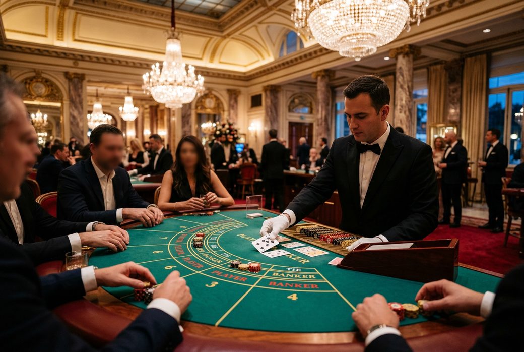 Macau luxury casino interior dealer dealing baccarat magnificent decoration brilliant lights Oriental Las Vegas culture experience