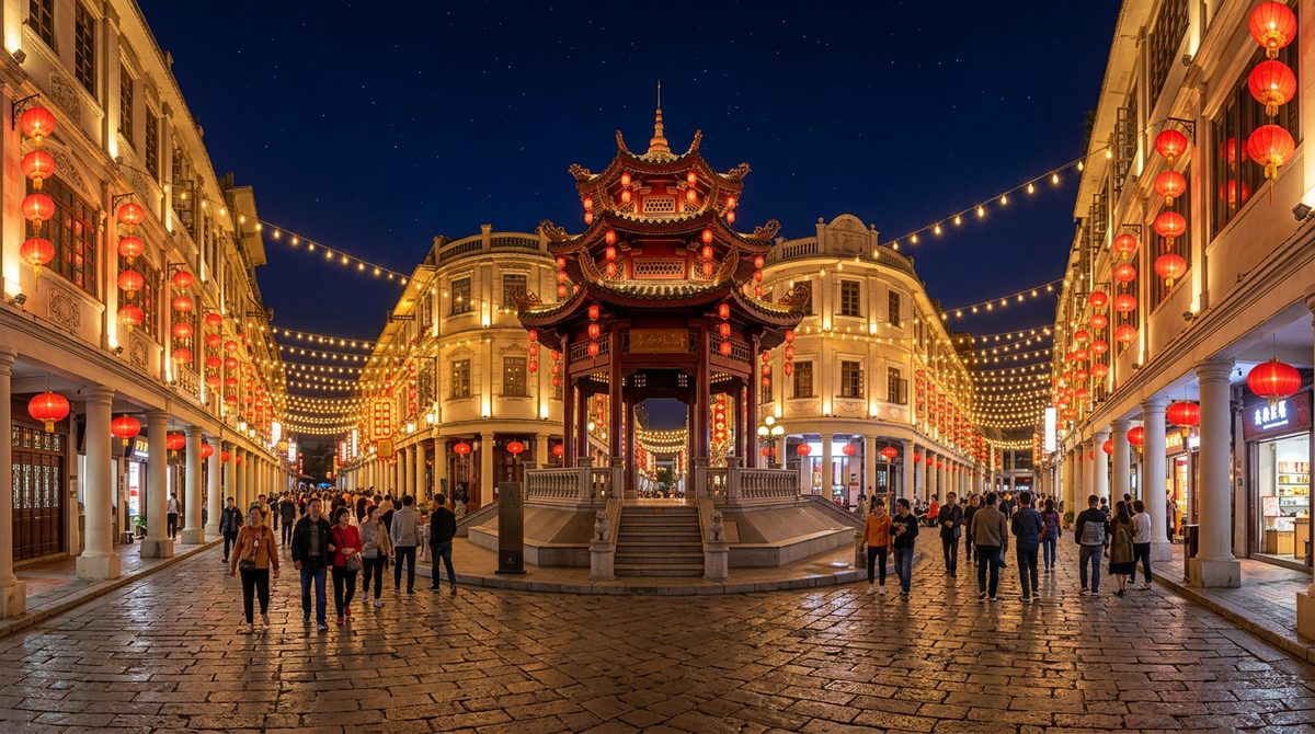 Shantou Small Park historical district night panorama arcade buildings brilliant lights radial street Chaoshan commercial port