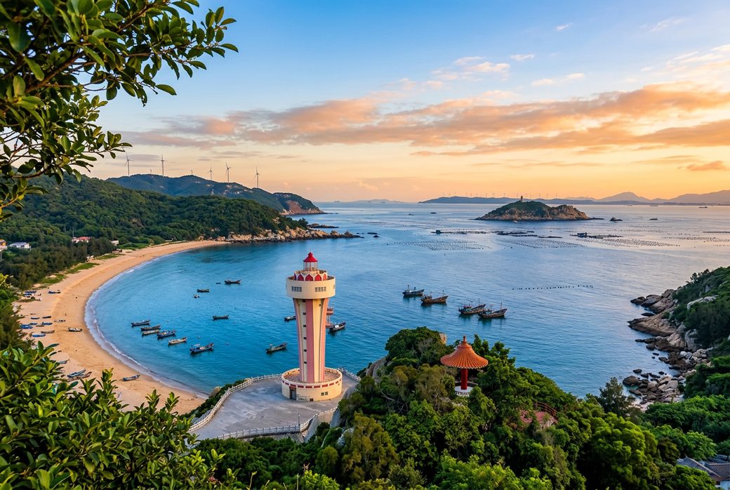 Nan'ao Island Shantou morning blue bay golden beach fishing boats dawn East Guangdong island serene scene