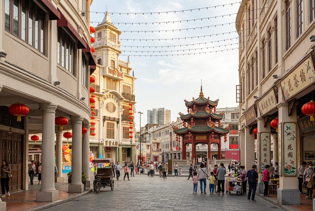 Shantou Small Park arcade street district panorama Chinese Western fusion arcade buildings circular arrangement Chaoshan overseas